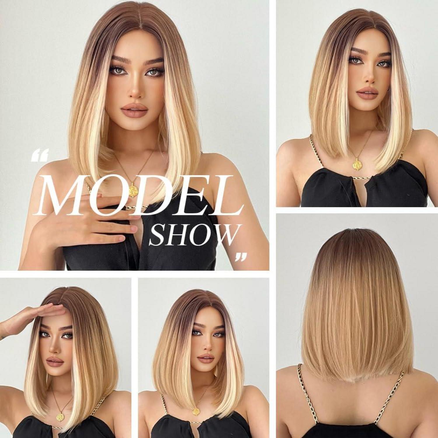 Kurze Blonde Bob Perücke Natürliches Synthetisches Haar Ombre mit