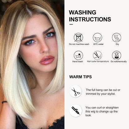 Kurze Blonde Bob Ombre Perücke Synthetisch Braun Natürlich 8037