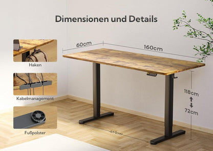 Höhenverstellbarer Schreibtisch Elektrisch 160x60 cm Schwarz/Vintage