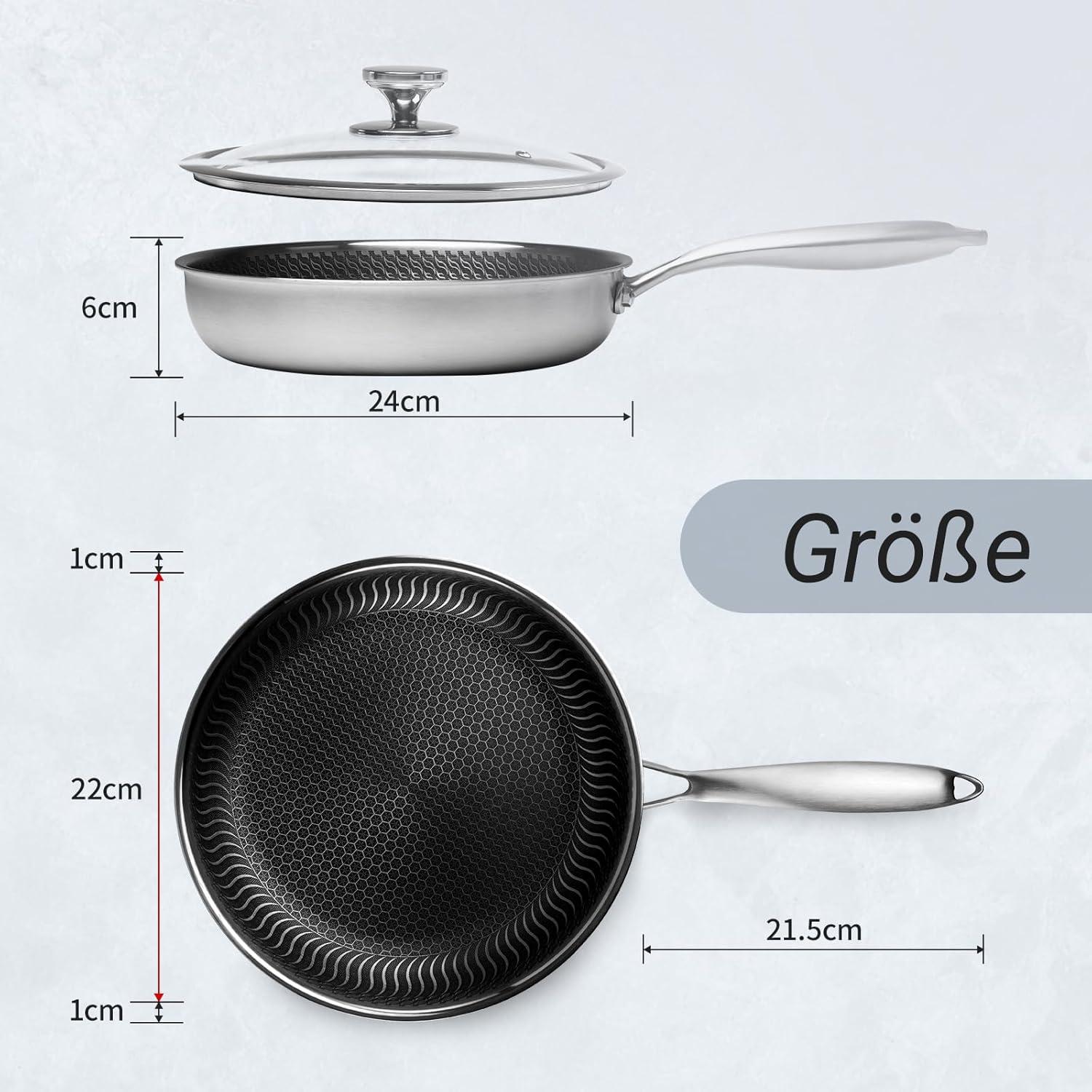 Bratpfanne 24cm mit Deckel, Antihaft & Kratzfest, Edelstahl, Induktion, Pfoa Frei