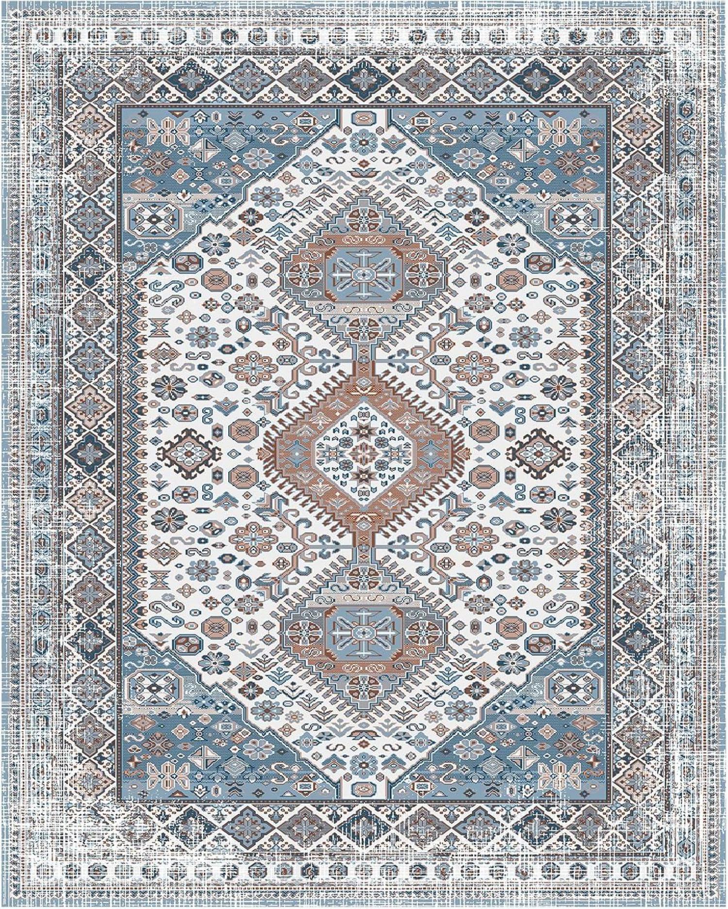 Waschbarer Teppich Wohnzimmer rutschfest Orientalisch Blau 80x150 cm