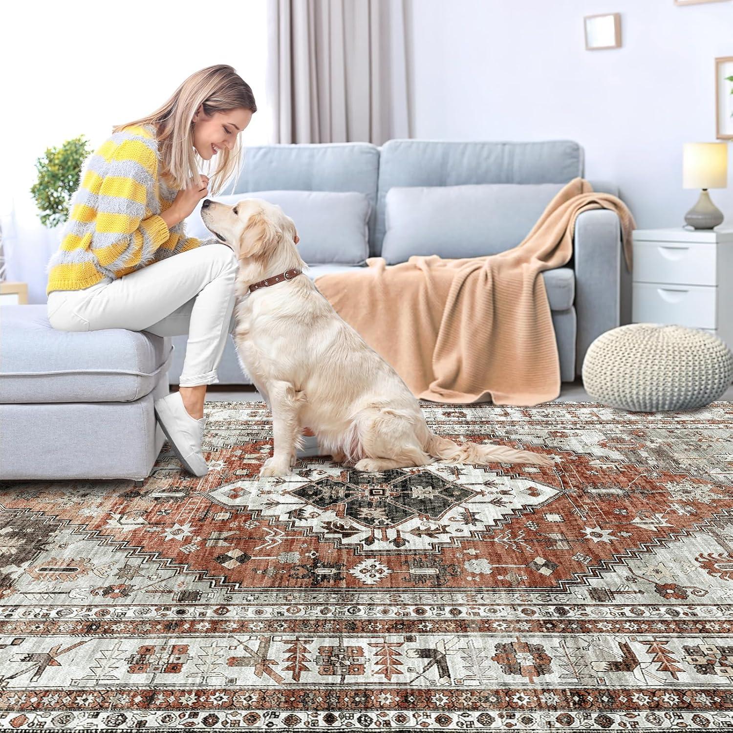 OMERAI Vintage-Teppich Waschbar Kurzflor Boho Schlafzimmer Rutschfest Orange 60x130cm