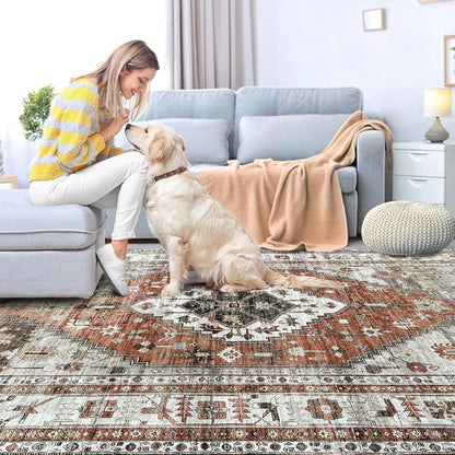 OMERAI Boho Vintage Kurzflor Teppich Orange 80x150cm Waschbar Orient Teppich