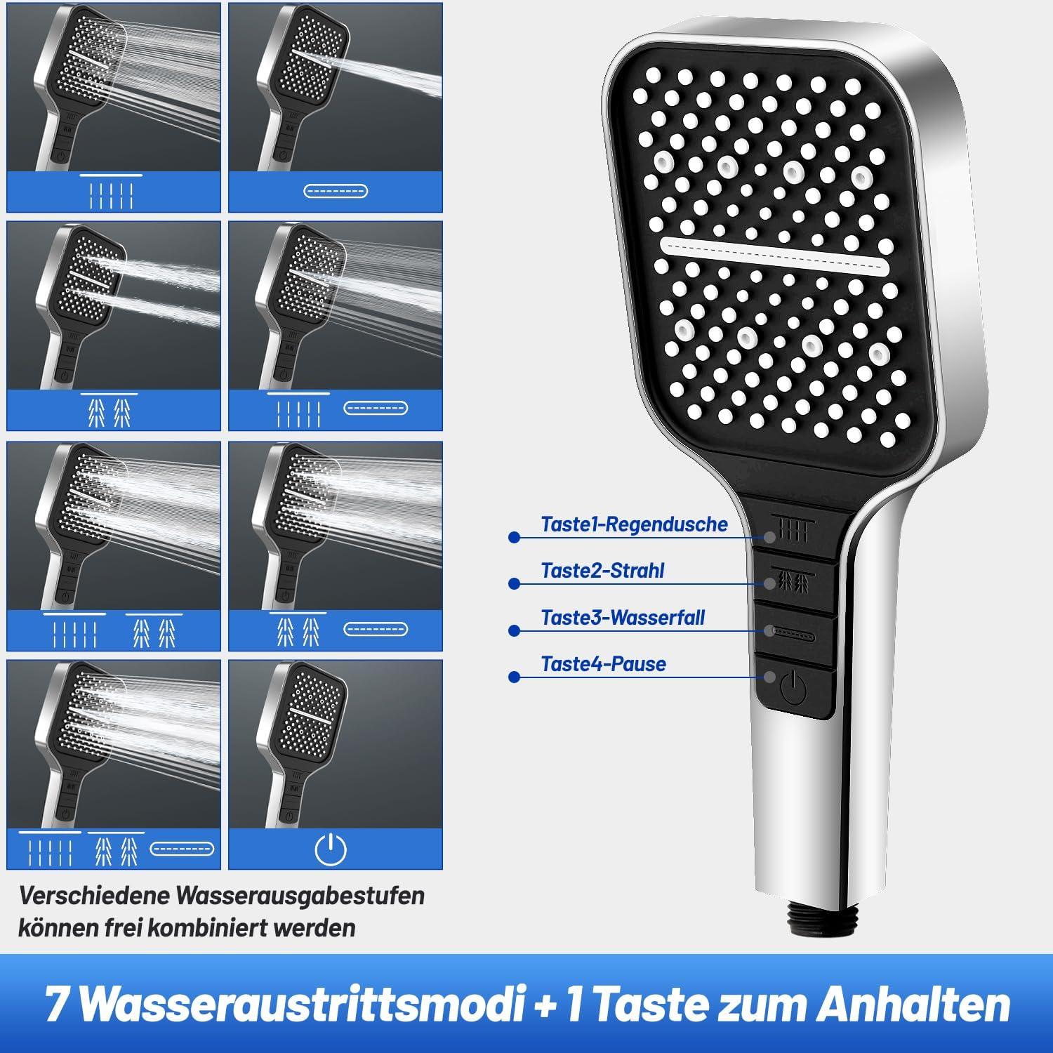 Duschkopf mit Schlauch 1.5M, 7 Strahlarten