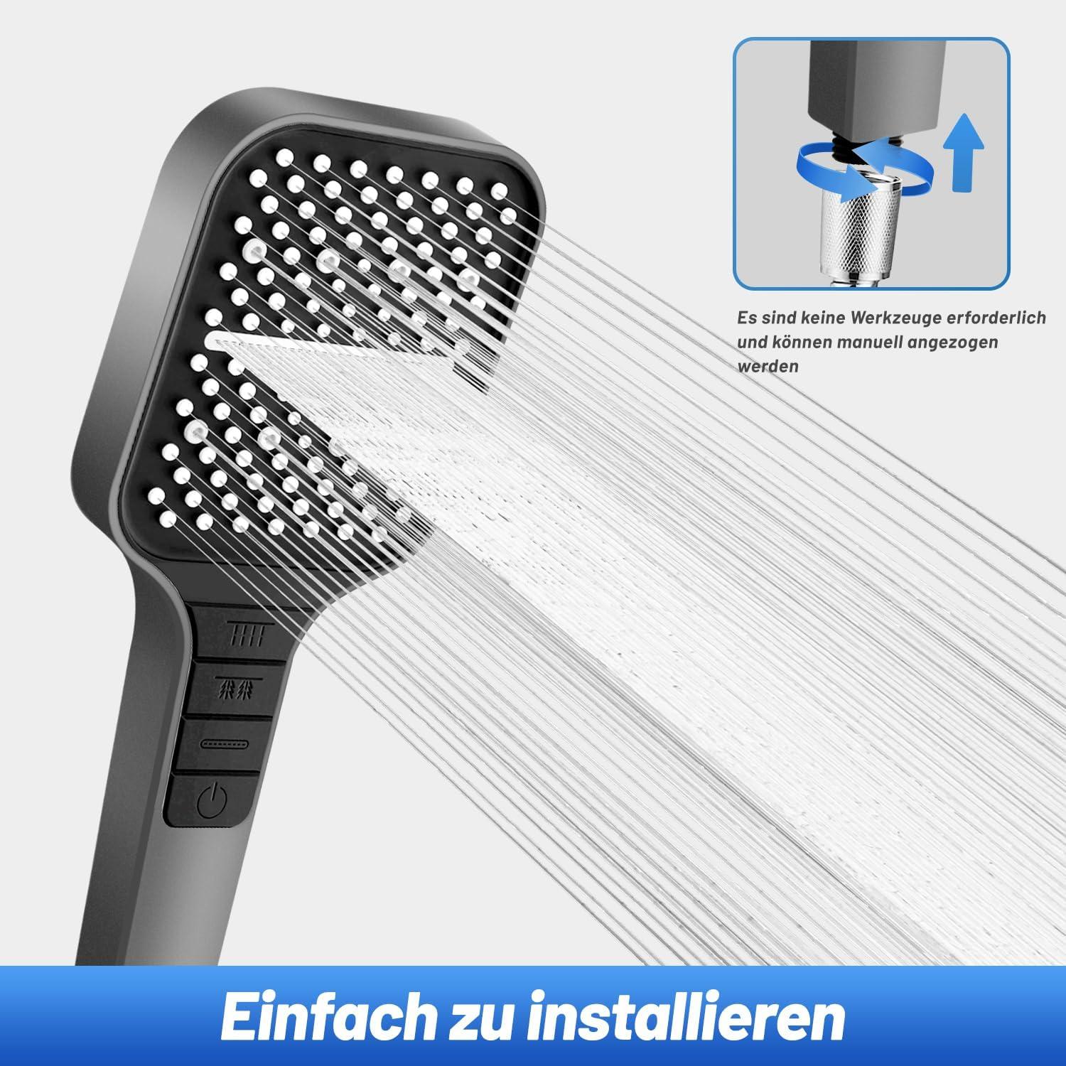 Duschkopf 7 Strahlarten Regendusche Stopptaste Wassersparend grau