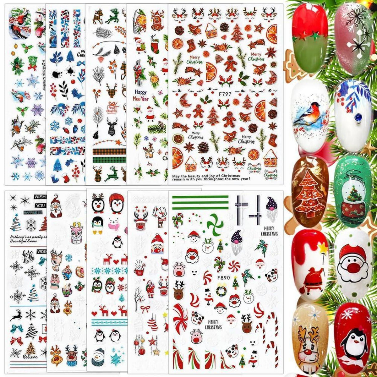 10 Blatt Weihnachts-Nagelsticker Set Schneeflocken & Weihnachtsmann