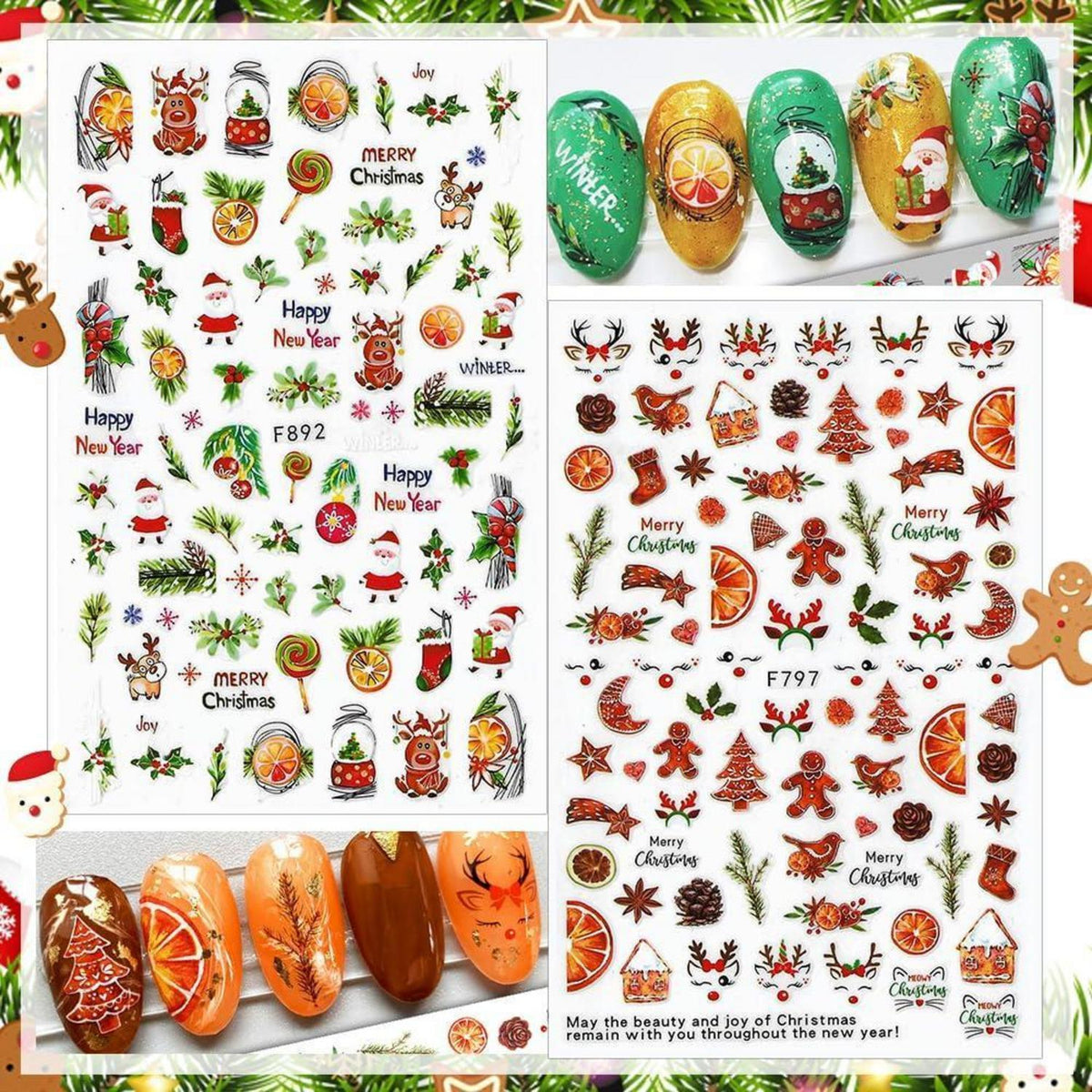 10 Blatt Weihnachts-Nagelsticker Set Schneeflocken & Weihnachtsmann