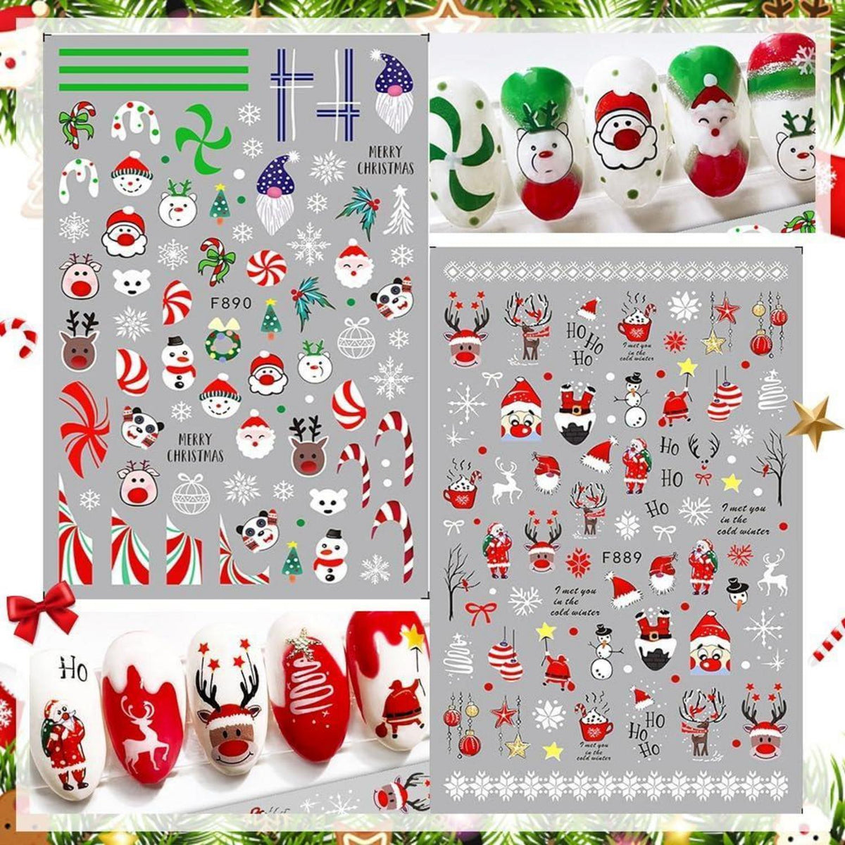 10 Blatt Weihnachts-Nagelsticker Set Schneeflocken & Weihnachtsmann