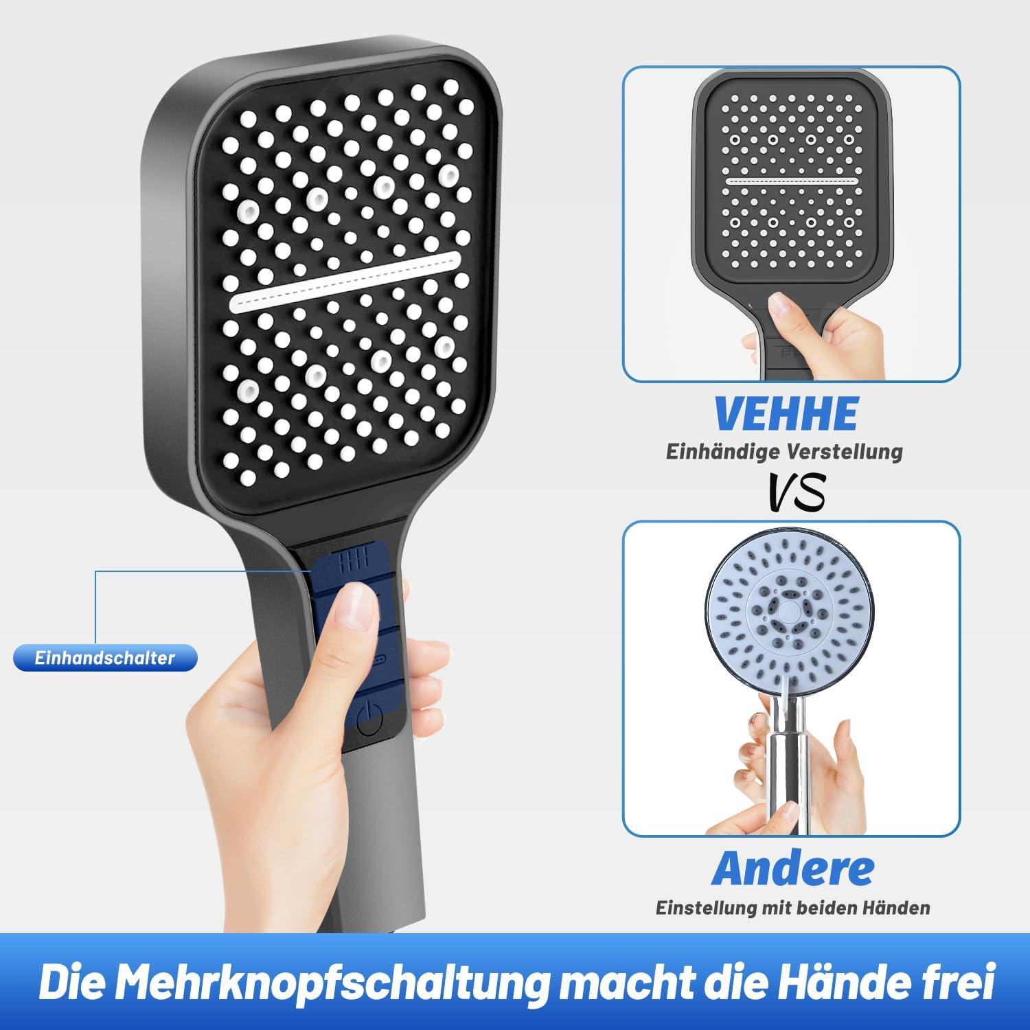 VEHHE Duschkopf 1.5M Schlauch 7 Strahlarten Wassersparend Regendusche