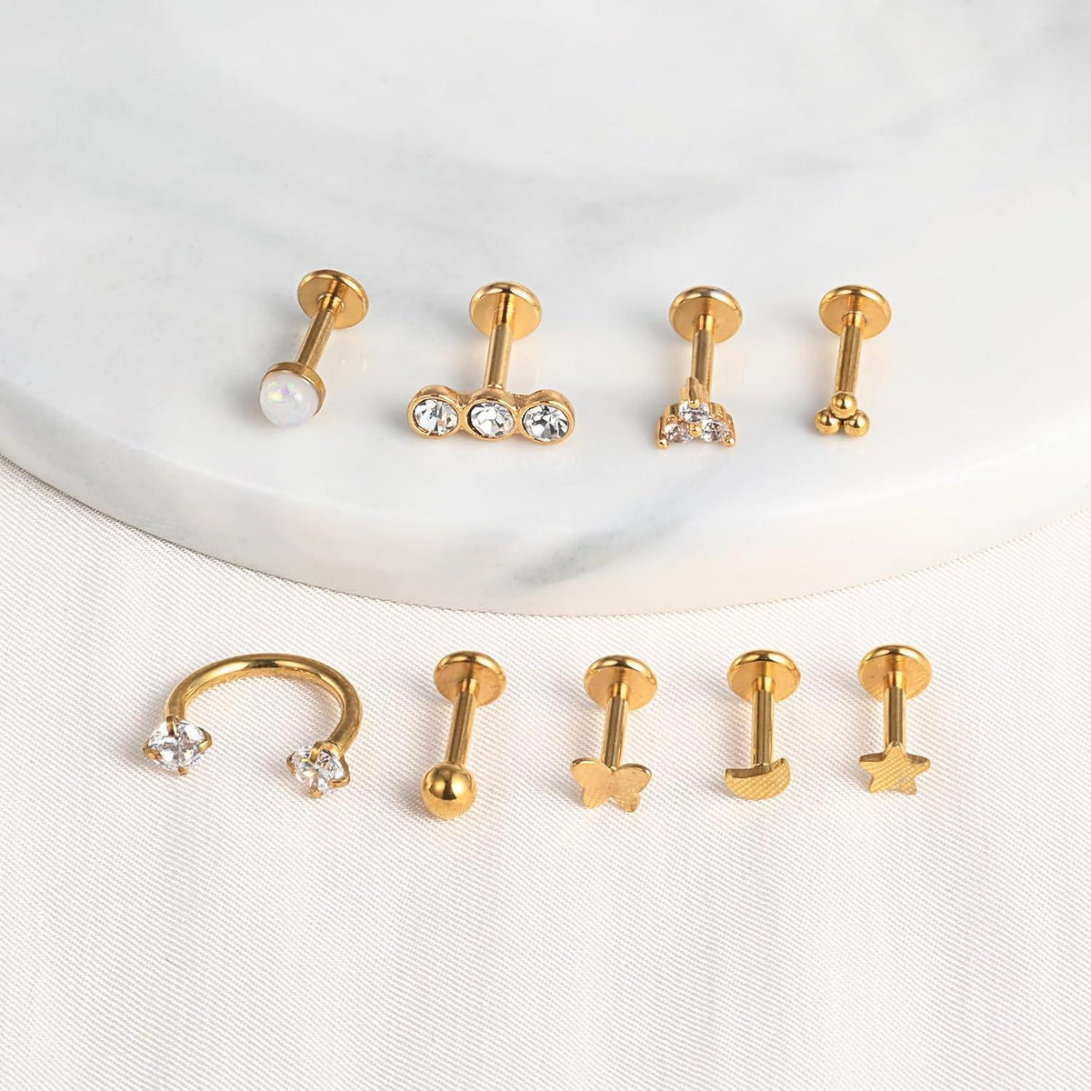 9er Set Labret & Helix Piercing Set Gold 16G Chirurgenstahl