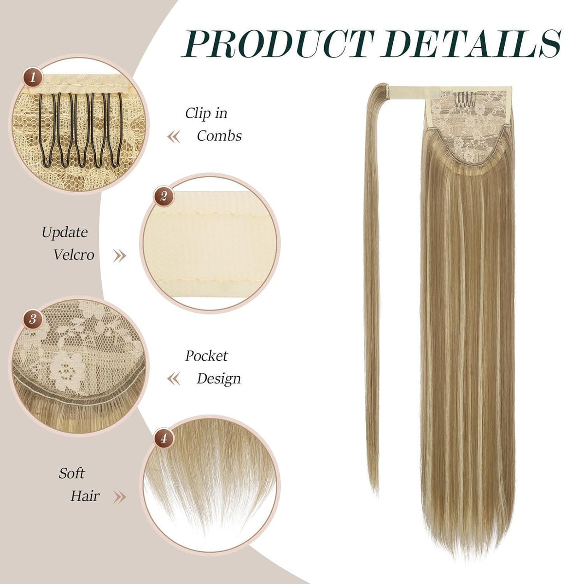 Langer glatter Pferdeschwanz Haarteil – Hellbraun & Blond 60cm