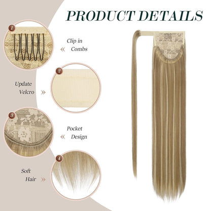 Langer glatter Pferdeschwanz Haarteil – Hellbraun & Blond 60cm
