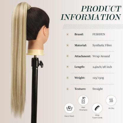 Langer glatter Pferdeschwanz Haarteil – Hellbraun & Blond 60cm