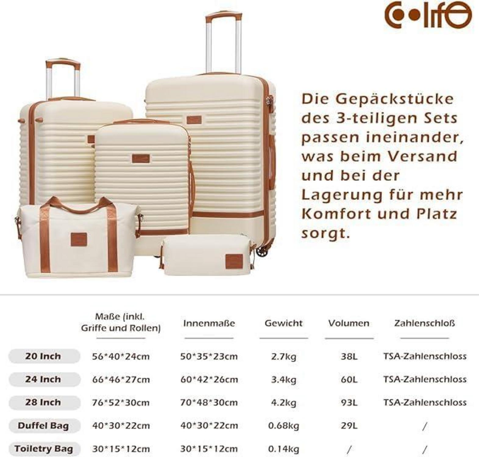 COOLIFE Trolley Koffer Set ABS Hartschalen Mittelgroß Grau/Rosa