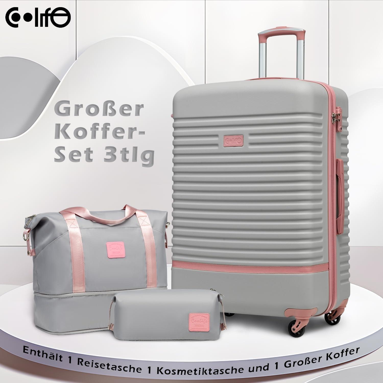 COOLIFE ABS Hartschalen Koffer Set 3tlg Grau/Rosa 4 Rollen