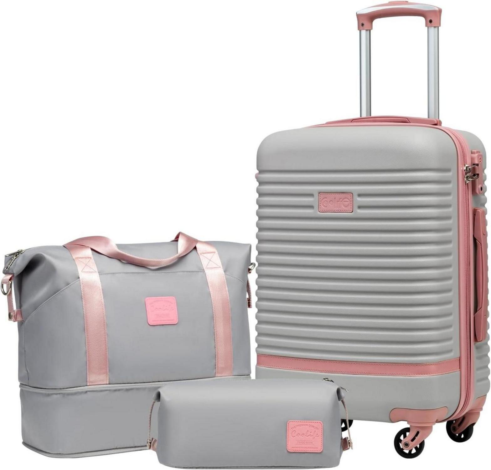 Koffer Set Hartschale mit TSA-Schloss 4 Rollen 3tlg Grau Rosa