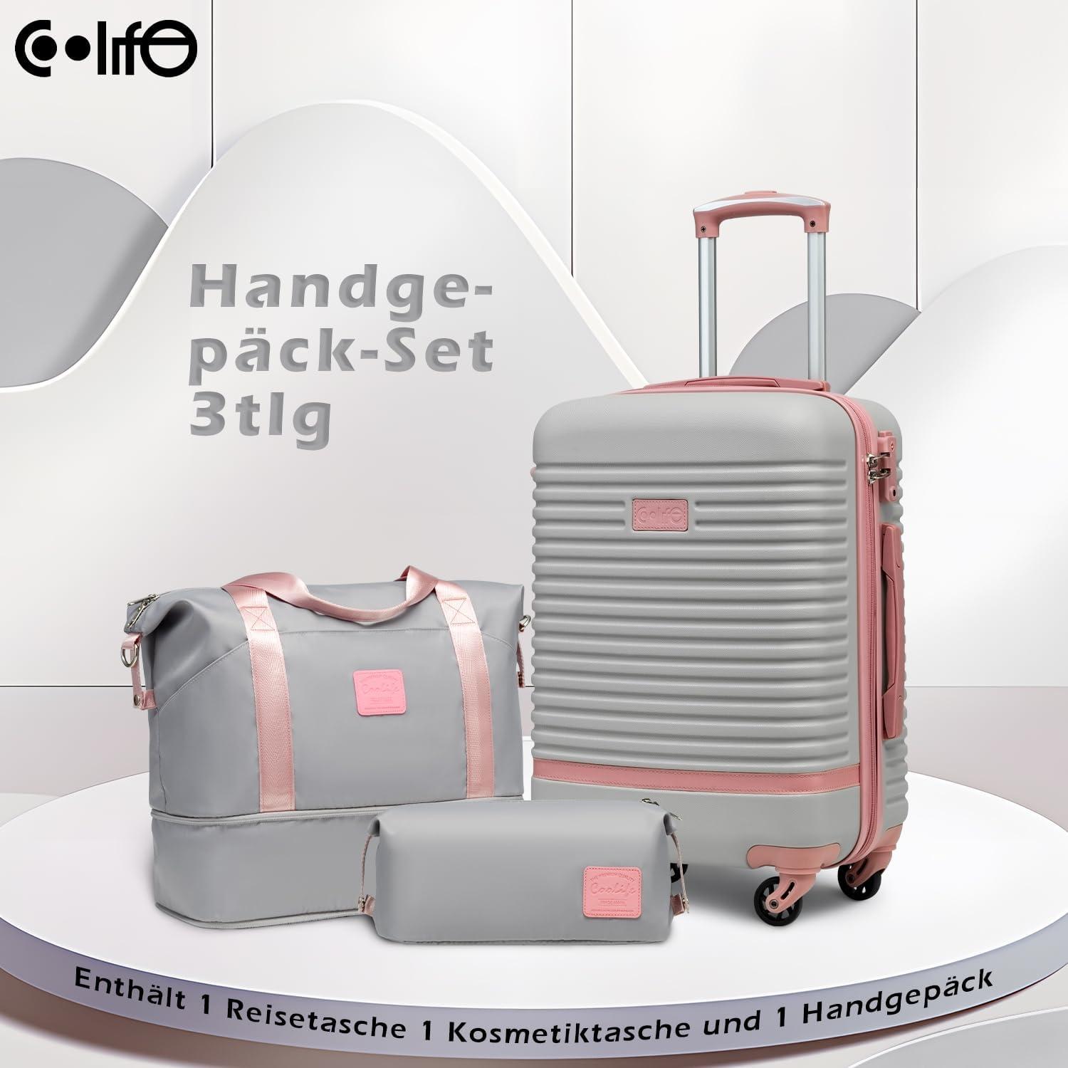 COOLIFE ABS Hartschalen Koffer Set 3tlg Grau/Rosa Handgepäck