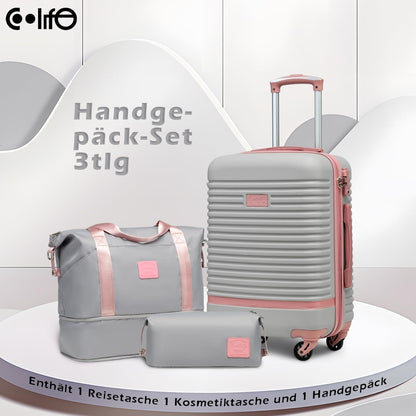 COOLIFE ABS Hartschalen Koffer Set 3tlg Grau/Rosa Handgepäck