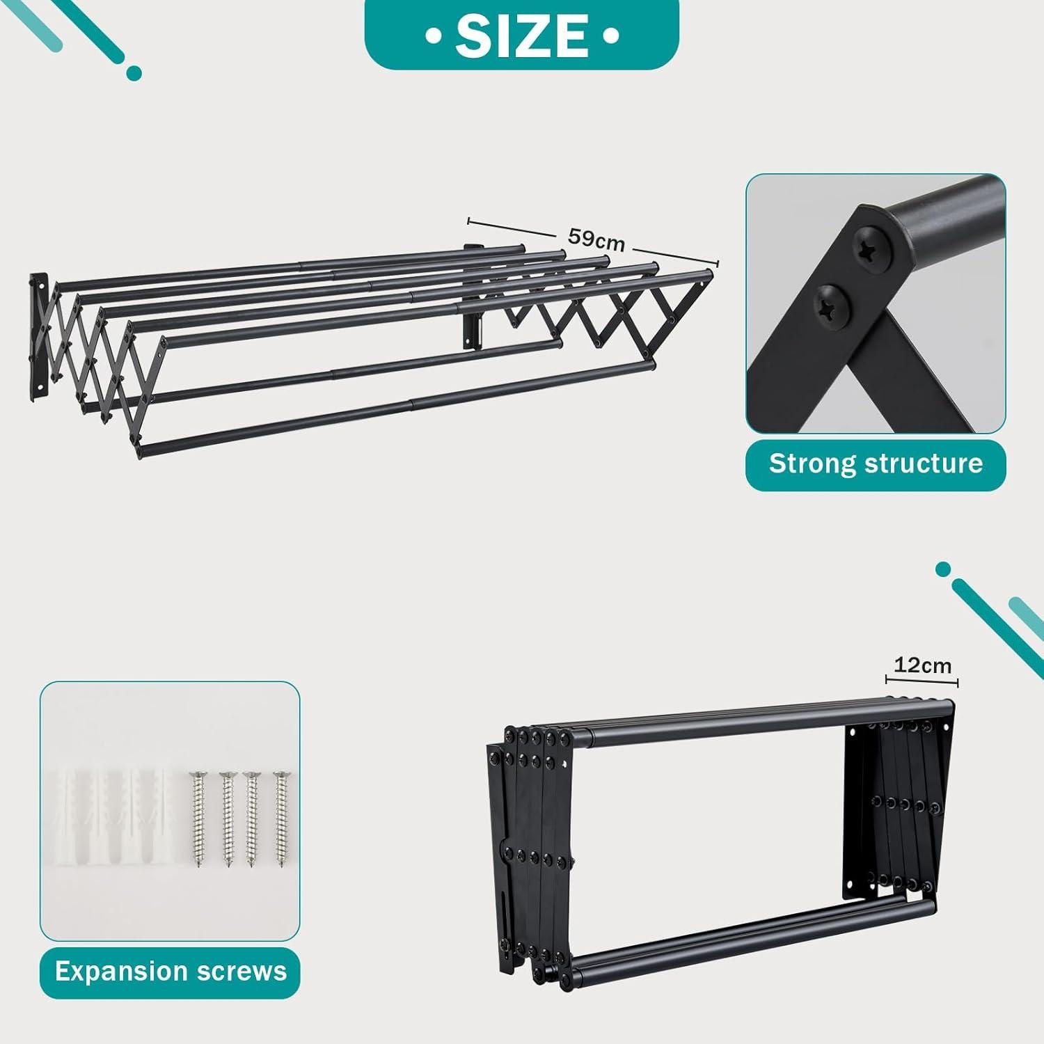 Wäscheständer Wandmontage ausziehbar 7 Stangen platzsparend Trockenständer 42-80x59x19cm Schwarz