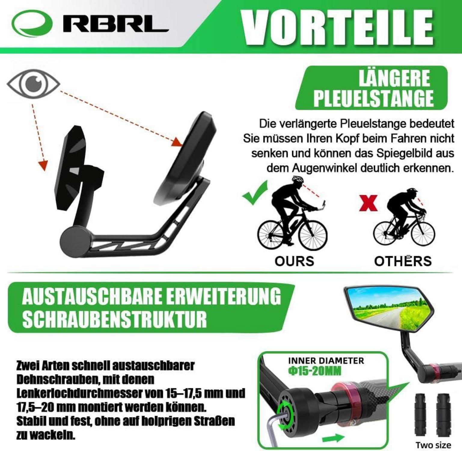 RBRL Fahrradspiegel Universal HD Blaulicht Rückspiegel 15-20mm für e-bike, Mountainbike, Rennräder