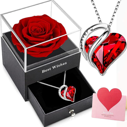 Ewige Rose Halskette Damen Silber 925 Rubin Herz Anhänger Geschenkbox