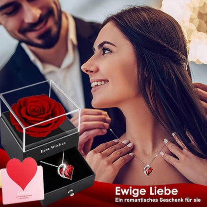 Ewige Rose Halskette Damen Silber 925 Rubin Herz Anhänger Geschenkbox