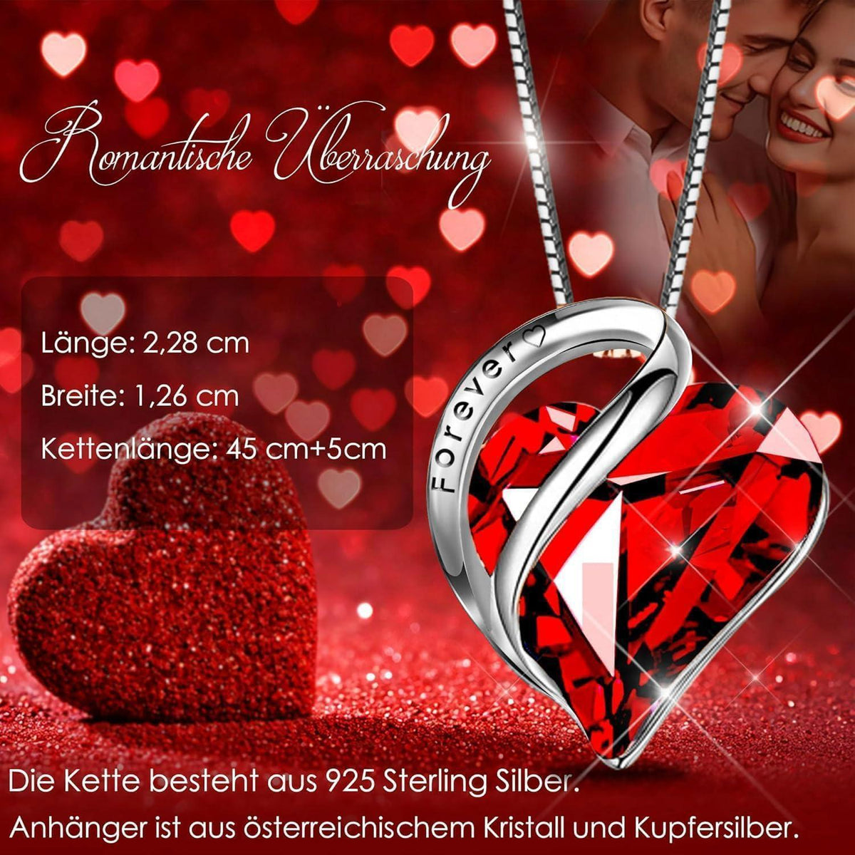 Ewige Rose Halskette Damen Silber 925 Rubin Herz Anhänger Geschenkbox