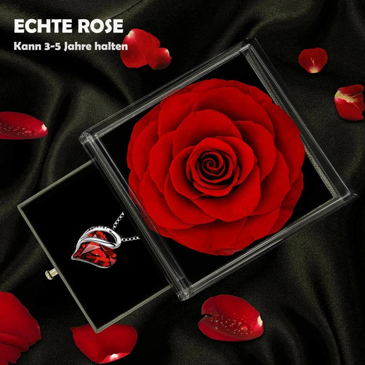 Ewige Rose Halskette Damen Silber 925 Rubin Herz Anhänger Geschenkbox