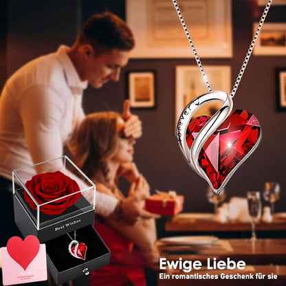 Ewige Rose Halskette Damen Silber 925 Rubin Herz Anhänger Geschenkbox