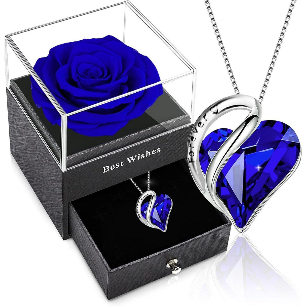 Konservierte Rose mit Saphirblau Herz-Halskette, Geschenkbox