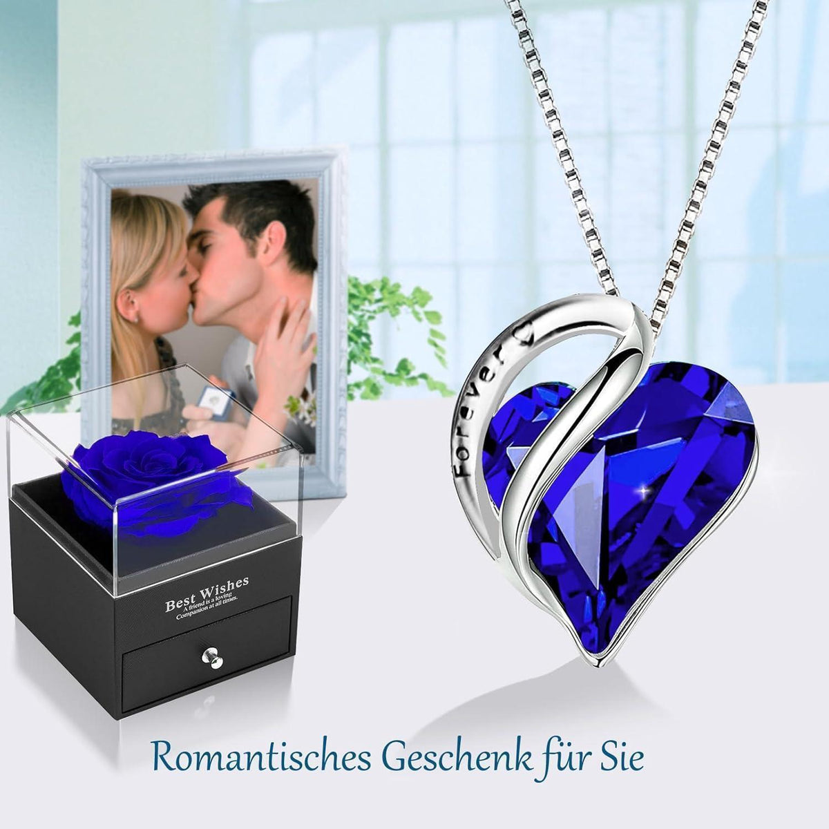 Konservierte Rose mit Saphirblau Herz-Halskette, Geschenkbox