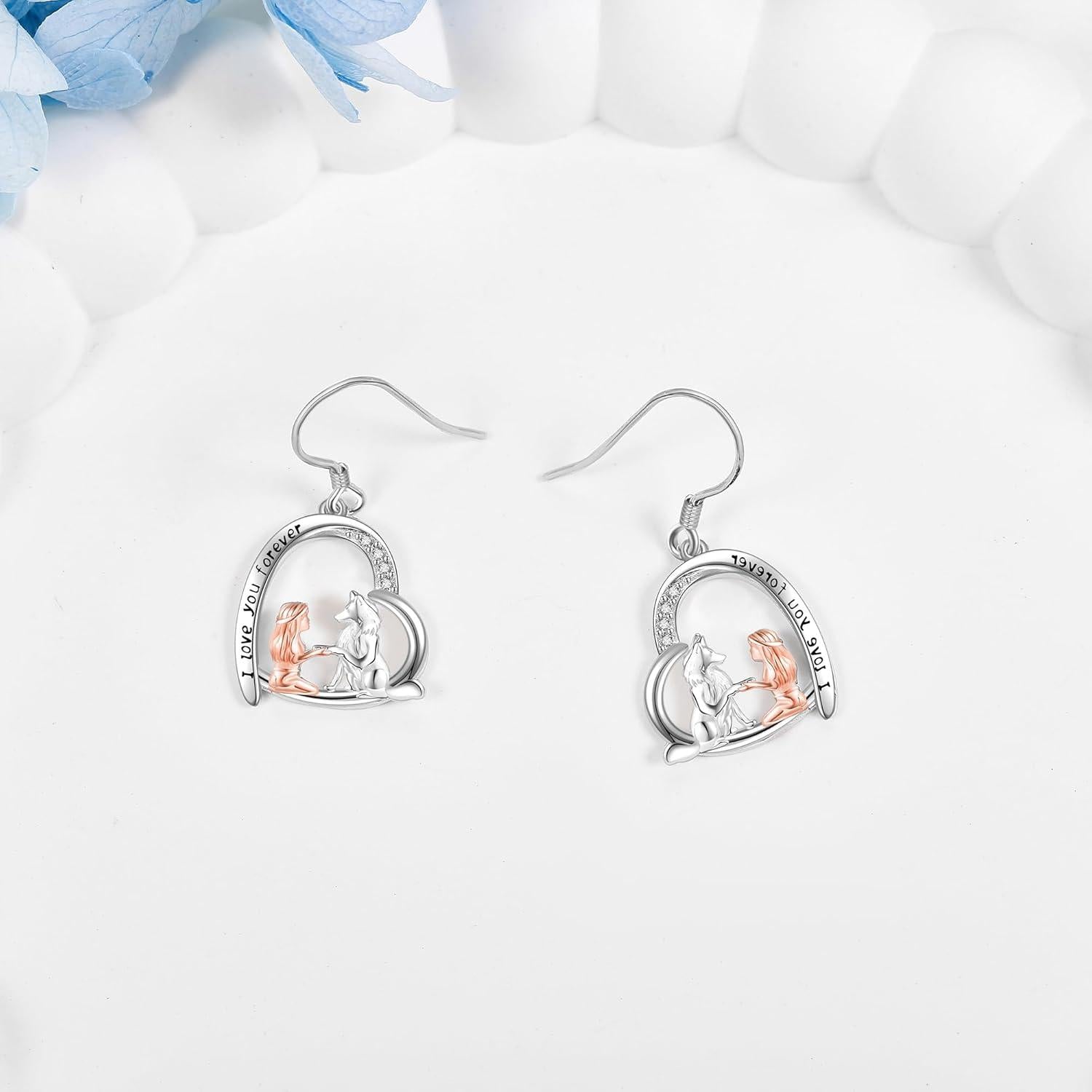 Wolf Ohrringe 925 Sterling Silber Mädchen Herz Ohrhänger Tier Geschenke