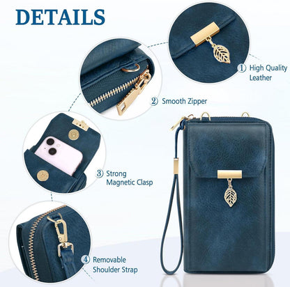 Handytasche Damen Crossbody Leder RFID Schutz 7,2 Zoll Blau