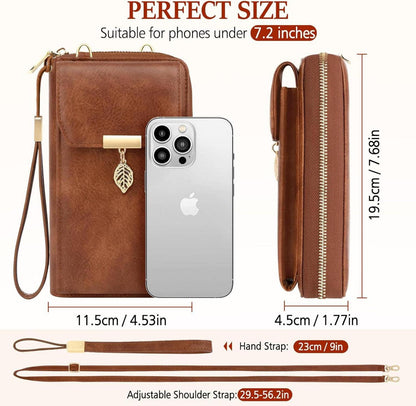 Damen Handytasche Umhängetasche RFID Schutz Leder Crossbody 12 Kartenfächer