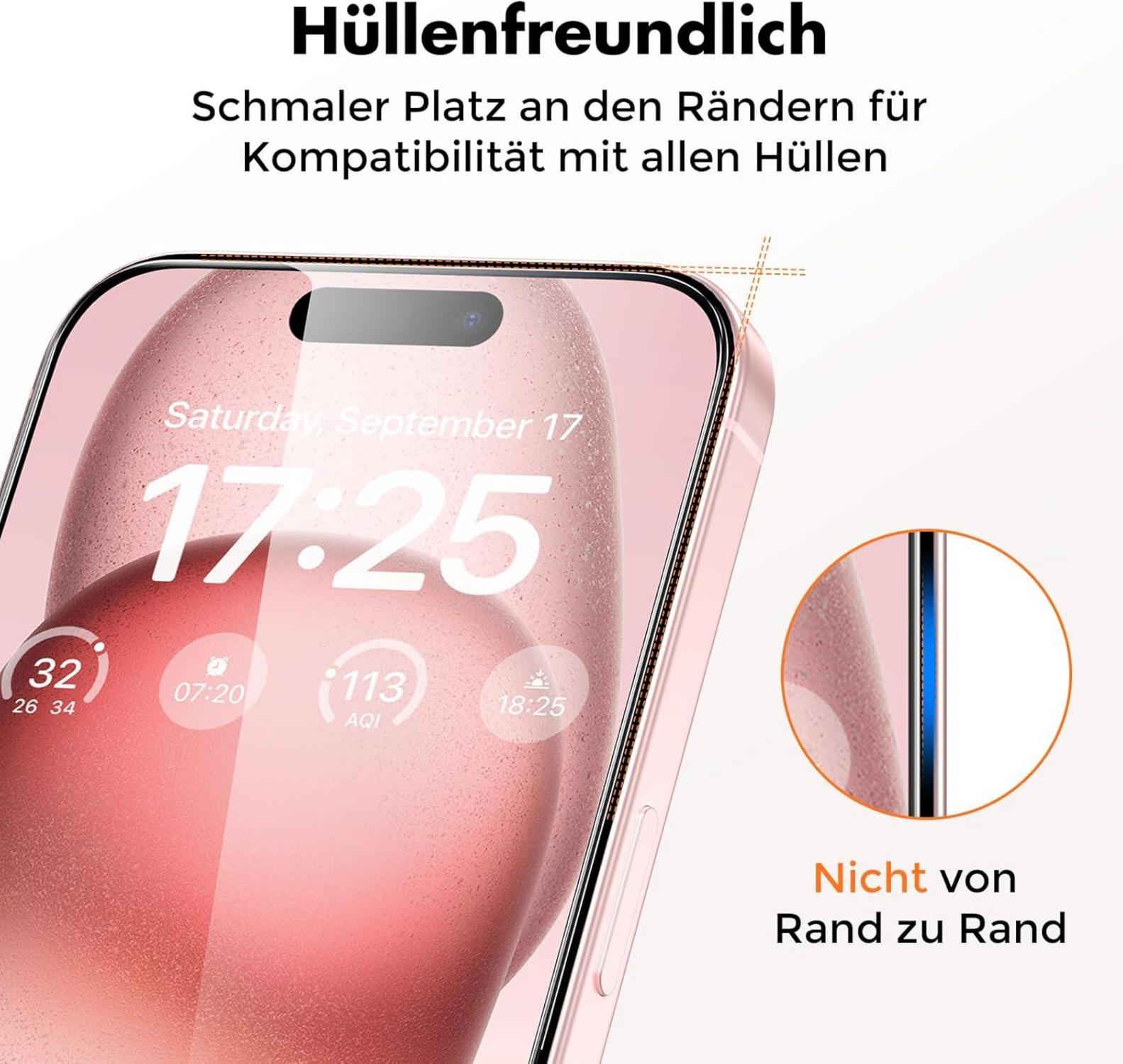 Panzer Schutz Glas für iPhone 15 3er Pack 9H Härte Blasenfrei Display