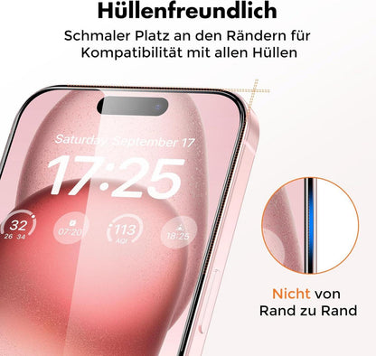 Panzer Schutz Glas für iPhone 15 3er Pack 9H Härte Blasenfrei Display