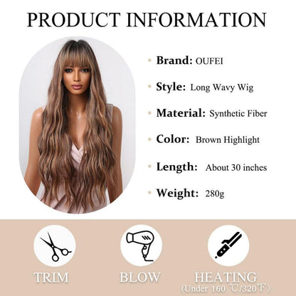 Lange Braun Gewellte Highlight Perücke mit Pony