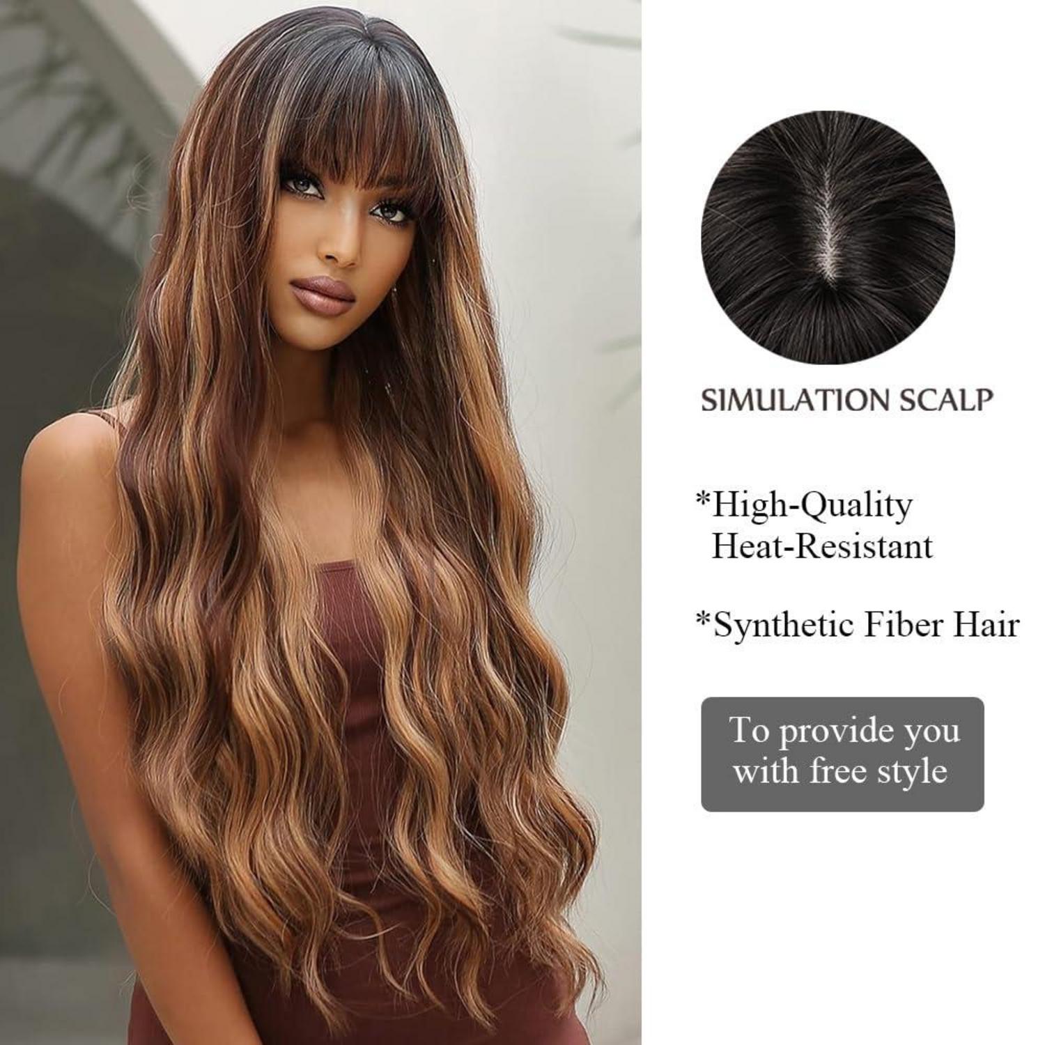 Braune Wellige Highlight Perücke mit Pony Hitzebeständig 30 Zoll