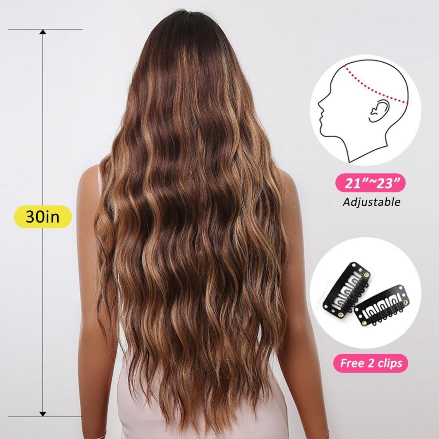 Braune Lange Gewellte Highlight Perücke mit Pony 30 Zoll Hitzebeständig