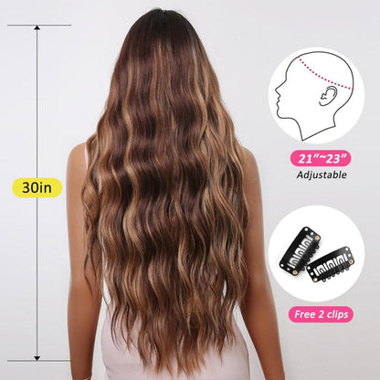 Braune Lange Gewellte Highlight Perücke mit Pony 30 Zoll Hitzebeständig