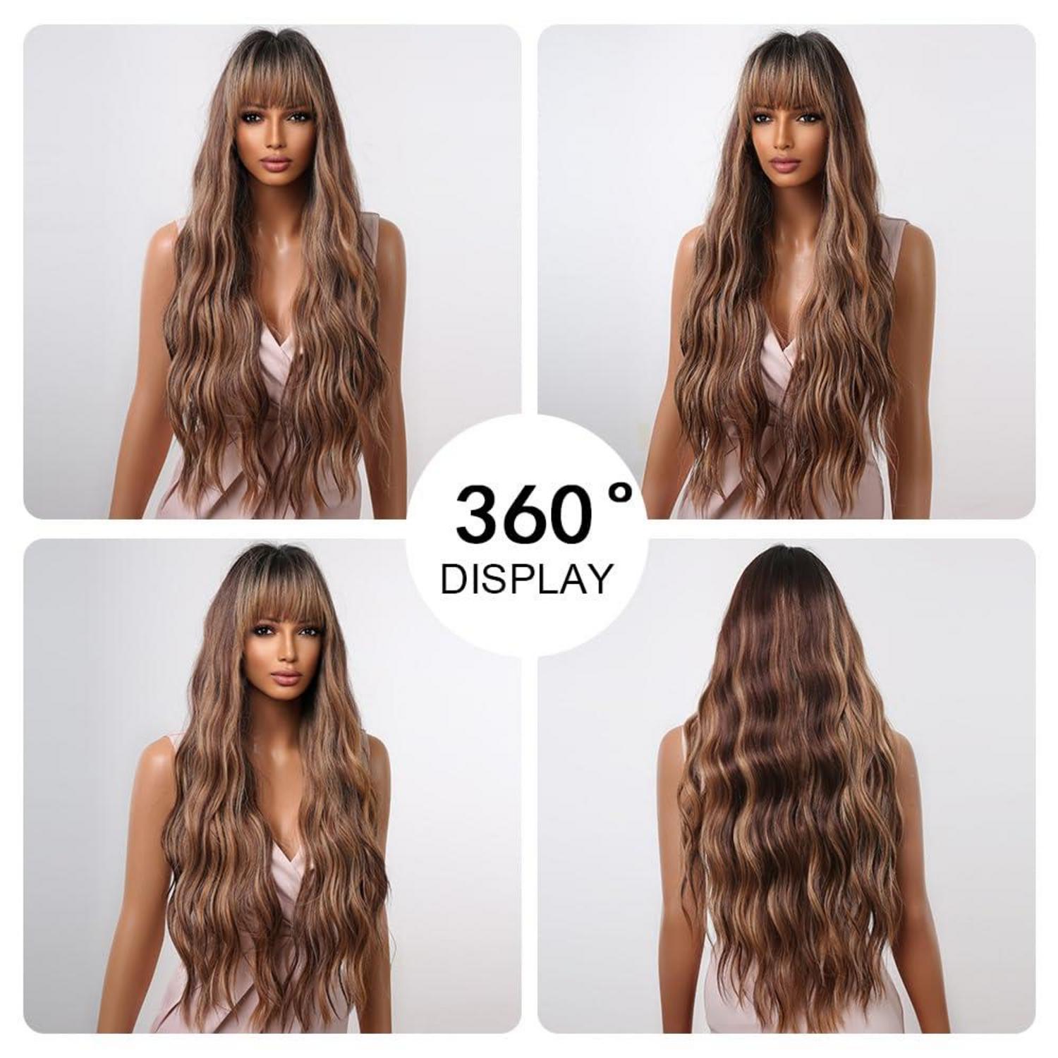 Lange Gewellte Braun Highlight Synthetik Perücke mit Pony 30 Zoll