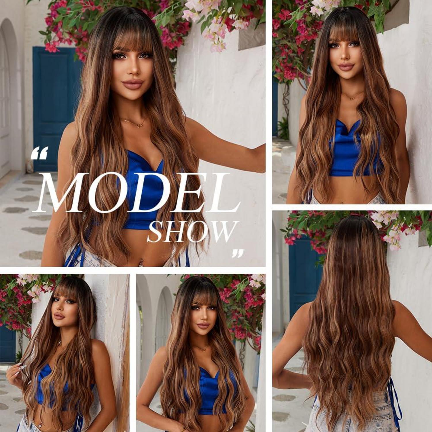 Lange Braun Highlight Perücke mit Pony Natürliches Synthetisches Haar