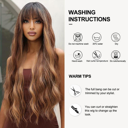 Braune Lange Gewellte Highlight Perücke mit Pony 30 Zoll Hitzebeständig