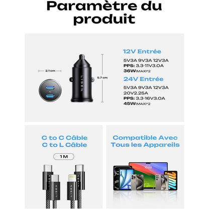 90W Zigarettenanzünder USB C Adapter Ladegerät mit PD45W