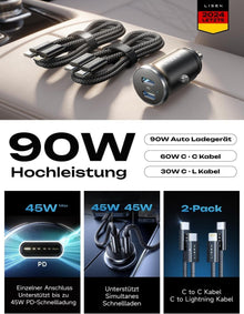 90W Zigarettenanzünder USB C Adapter Ladegerät mit PD45W
