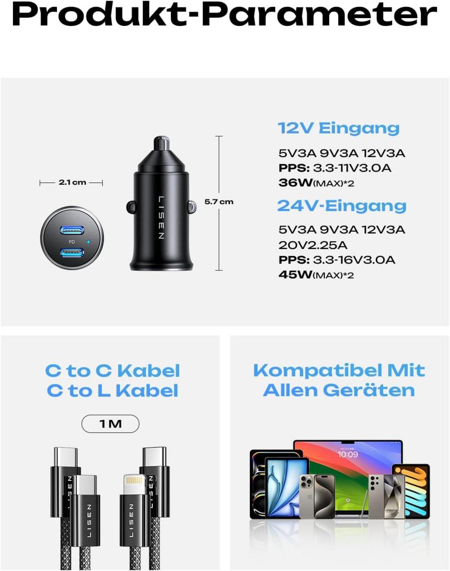 Zigarettenanzünder USB C Adapter 90W PD45W USB 12v Steckdose Dualer
