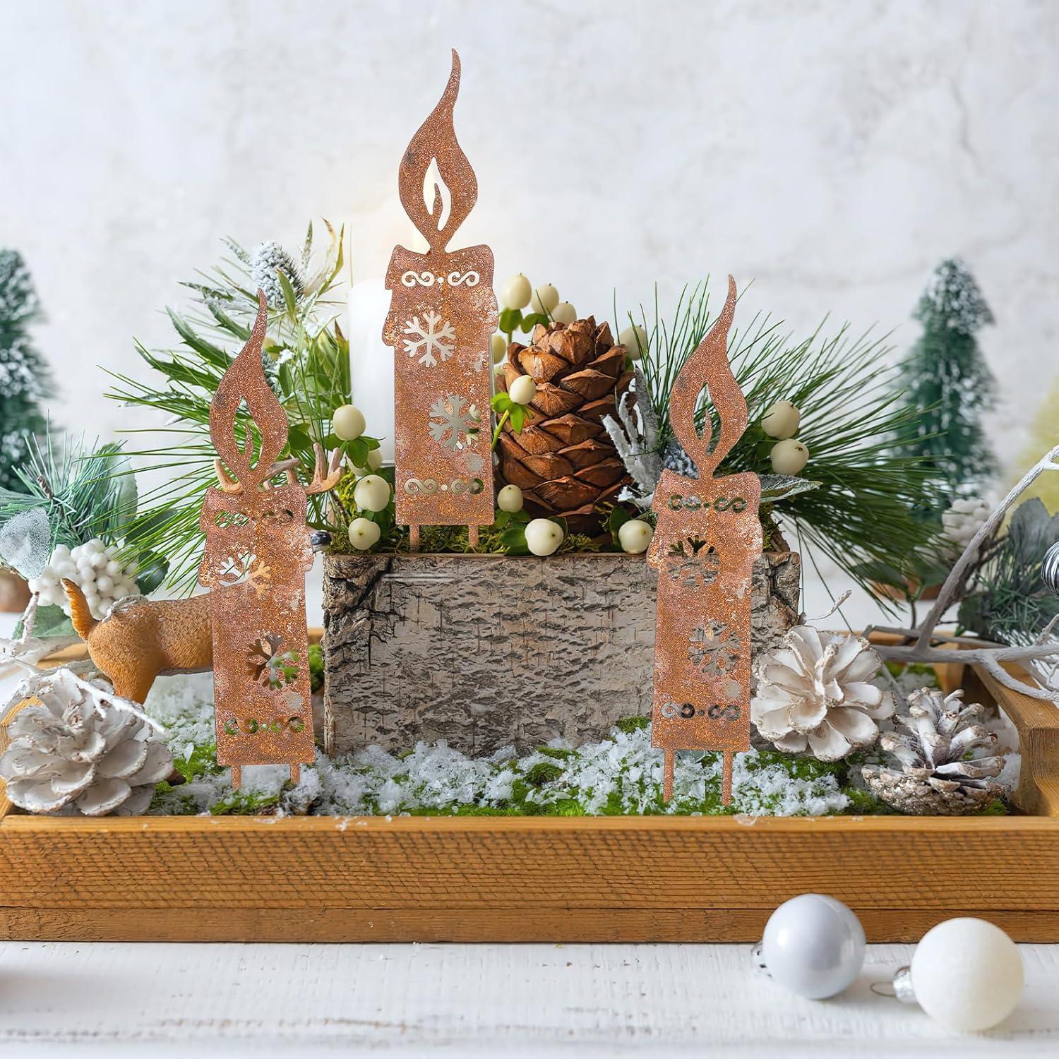 3er Set Rostige Kerzen Gartenstecker Weihnachtsdeko Metall