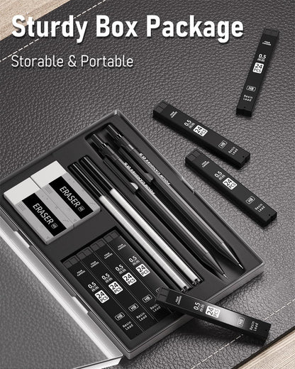 Druckbleistift Set mit Etui, Metall, 0,5 mm HB Minen, Radiergummi und Nachfüllungen