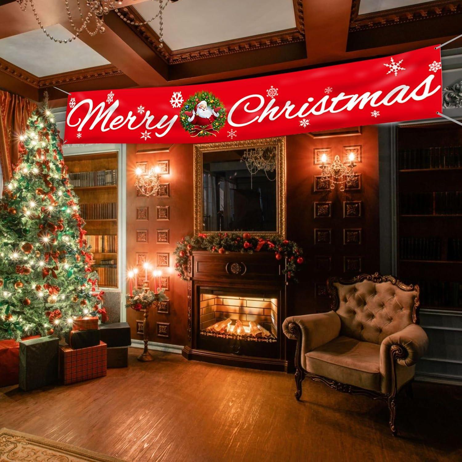 Weihnachtsbanner Merry Christmas Flagge Hängedeko Rot-Schneeflocke