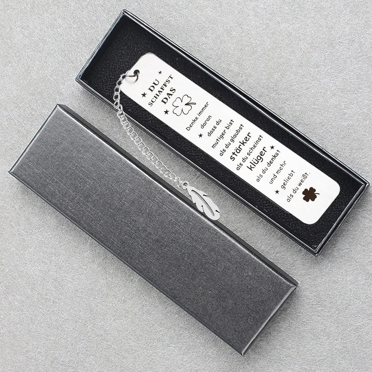 Lesezeichen Edelstahl "Du schaffst das" mit Glücksklee | Geschenkidee